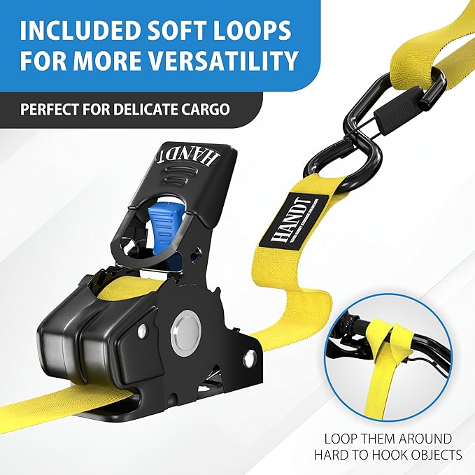HandT USA Based Retractable Ratchet Straps (2PK) 1in x 6ft - 1,500lb Break Strength, Heavy Duty Automatic Ratchet Straps Self Retractable Tie Down, Push Button Retracting Truck Trailer Cargo | Yellow