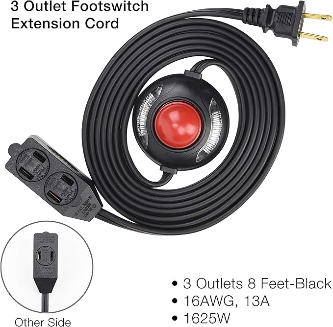 3 Outlet Extension Cord with Hand/Foot Switch and Light Indicator with Safety Twist-Lock, 16/2, Black, UL Listed (3 Pack)
