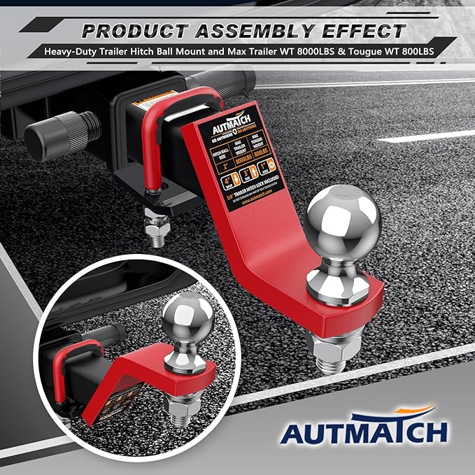 AUTMATCH Trailer Hitch Ball Mount with 2 Inch Hitch Ball - Fits 2" Receiver with Hitch Tightener, 8000Lbs Capacity Ball Hitch, 4-Inch Drop with 5/8" Hitch Lock Pin, Red & Black
