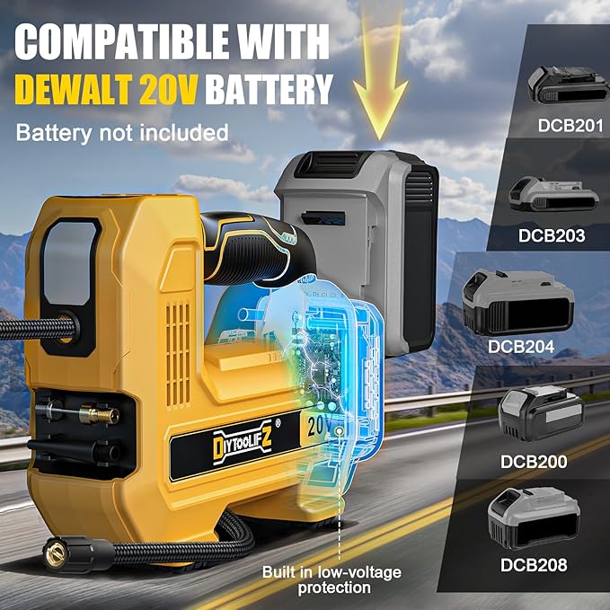 DIYtoolifz 160PSI Cordless Tire Inflator Compatible with Dewalt 20V Air Compressor, Portable Air Pump Automatic Shut Off, LED Light, Digital Pressure Gauge for Cars Motorcycles Bike Ball (Bare Tool)