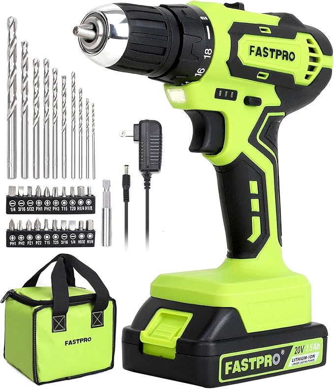FASTPRO 20V Max Cordless Drill set, 3/8 in. Power Drill Driver kit with One 1.5 Ah Lithium-ion Batteries, Charger and Tool Bag, Green