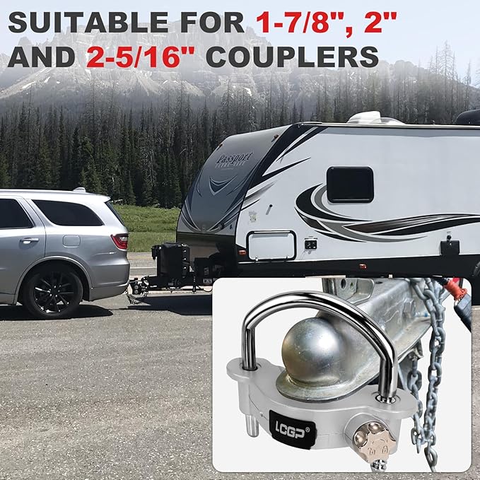 LCGP Trailer Hitch Lock with Combination Lock, Fits 1-7/8,2 and 2-5/16 Inch Couplers,Adjustable Storage Security, Heavy-Duty Steel, Silver Grey