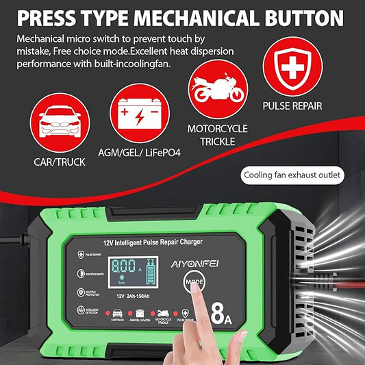 12V 8A Battery Charger, Smart Trickle Charger & Battery Maintainer, Desulfator, Temperature Compensation for LiFePO4, Lead Acid, AGM, Gel, EFB, VRLA, Car, Truck, Motorcycle, Boat (Green)