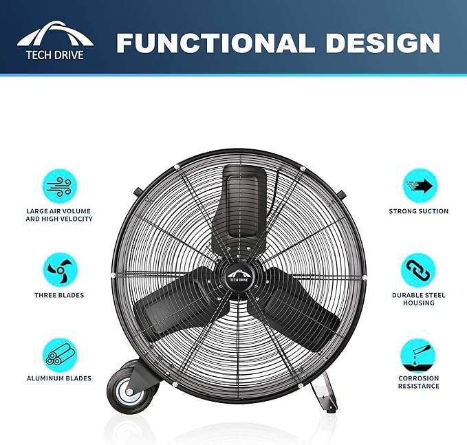 Tech Drive Heavy Duty Metal Industrial Drum Fan, 24 inch High Velocity Shop Fan, 2 Speed Large Floor Fan for Warehouse, Workshop, Factory, Garage, All Metal, Black