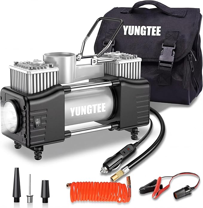 YUNGTEE Sliver Tire Inflator Heavy Duty Double Cylinders Direct Drive Inflation Pump,12V Portable Air Compressor Pump with Emergency LED Light - 150PSI Tire Pump,Apply to Car,Suv,RV