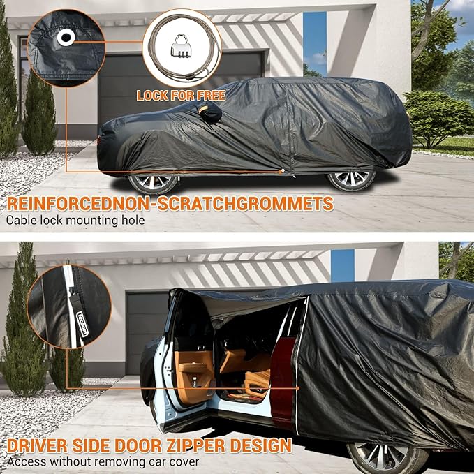 Tecoom Waterproof All Weather SUV Cover, Thick Fleece Lined Car Cover with Lock & Zipper Door, Snow Hail UV Sun Protection, Fit for SUV (206"–215"), Black