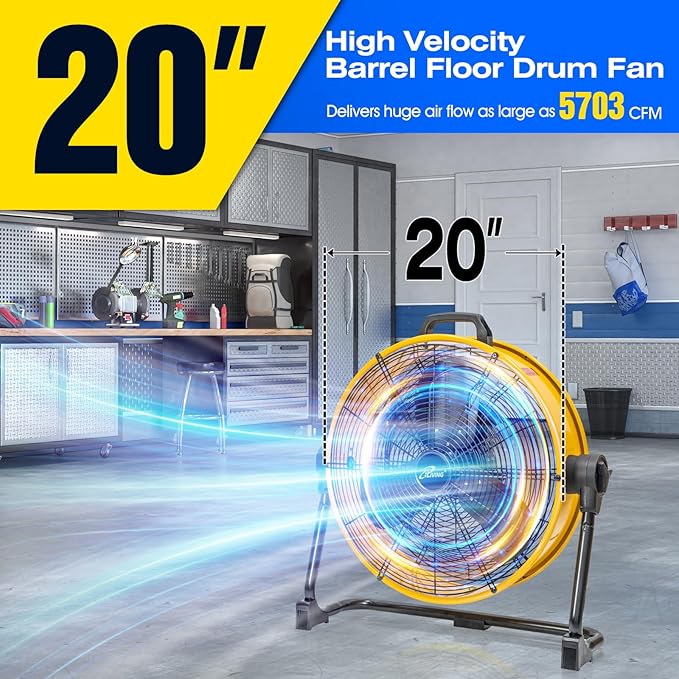 iLiving 20 Inches 5703 CFM Heavy Duty High Velocity Barrel Floor Drum Fan With DC Brushless Motor,Stepless Speed Adjustment for Workshop, Garage, Commercial or Industrial Environment, UL Safety Listed