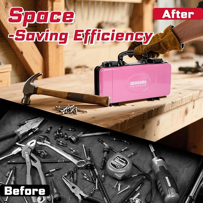 Geinxurn 11”Pink Tools Box, Portable Steel Heavy-duty Tool Case with Safety Latch and Handle for Tools Storage and Organizers, Home DIY