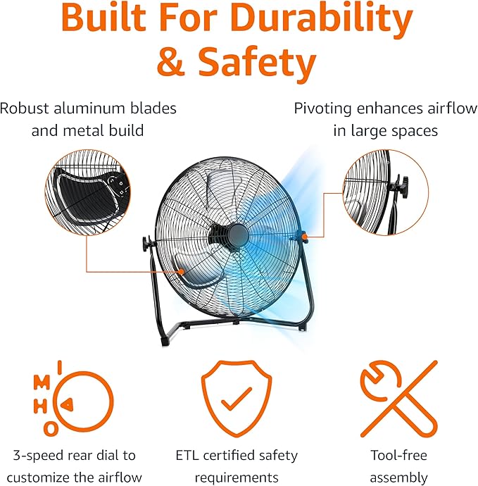 Amazon Basics 20" High Velocity Industrial Cooling Floor Fan with 3 Speeds, Tilt Head, ETL-Listed Safety Compliance, Metal Housing and Blades, for Commercial Space/Garage/Gym, 125W, Black