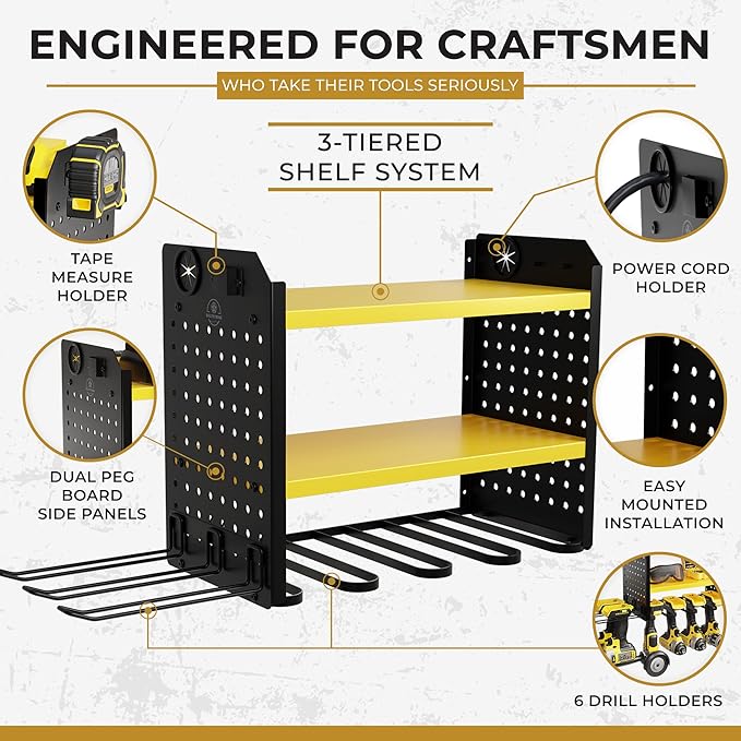 BUILTSTRONG Power Tool Organizer - 6 Drill Holder Wall Mount, 3 Tier Heavy-Duty Hand Storage Rack, Utility Racks, 2 Pegboard Sides - Garage Cordless Organizer (Yellow)