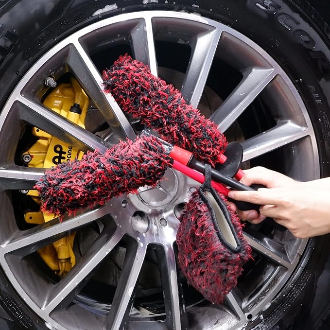 oesee Metal Free Microfiber Wheel Brush Kit- Microfiber Angled Wheel Brush, Long Handle Wheel Brush, Tire& Detailing Brush, Wheel Wash Mitt. Hands-On Wheel Detailing Kit for Daily Wheel Cleaning