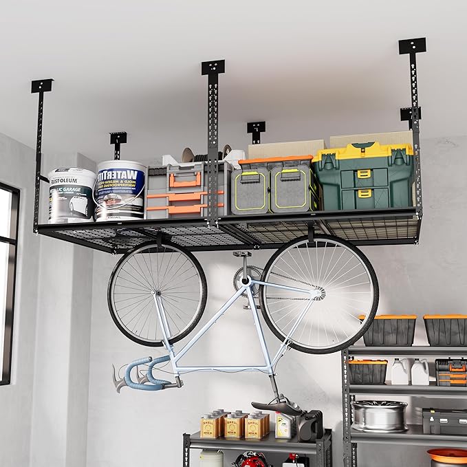4x8 Ft Overhead Garage Storage Rack, 28-41 inch Height Adjustable Ceiling Mounted Organization Rack, 700 lbs Weight Capacity, 48"x96" Heavy Duty Space-Saving Metal Rack for Garage Storage