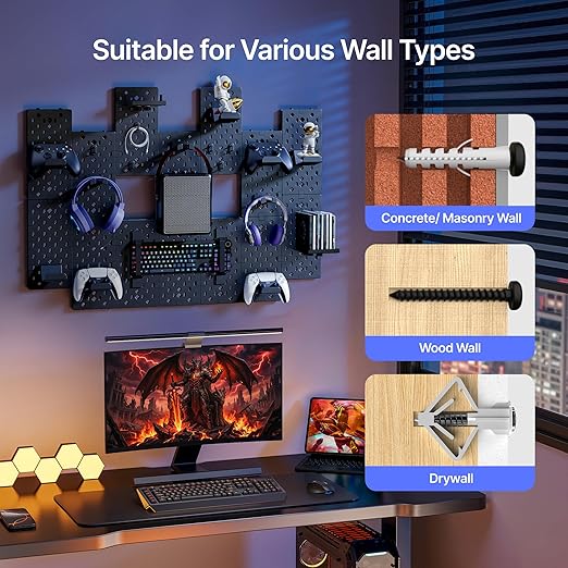 PEGZONE Controller and Headphone Holder Wall Mount, Modular Gaming Pegboard with Accessories, Controller Stand for Xbox PS5 PS4 Switch, Video Game Storage, Disc Shelf Organizer, 14pcs Pegboard, Black