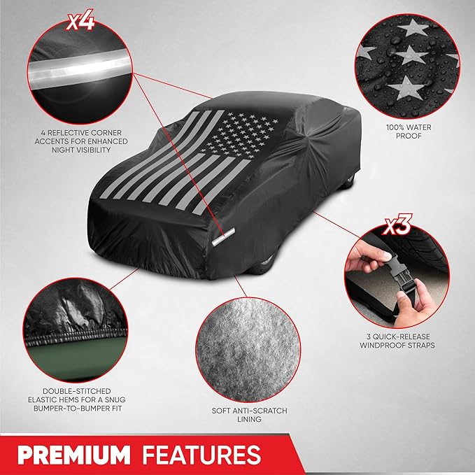 Motor Trend Black USA Flag Waterproof Car Cover - All Weather Outdoor Protection, UV Resistant, Windproof, Scratchproof - Semi-Universal Fit Sedan Full Car Cover for Sun Rain Snow (191”- 210” Length)