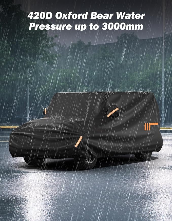 JOYTUTUS Car Cover Compatible with 4 Doors Wrangler JK JL TJ YJ CJ7, Water-Resistant All Weather Cover 1976-2026 Wrangler Unlimited, Windproof Dustproof Scratch Resistant Auto Cover