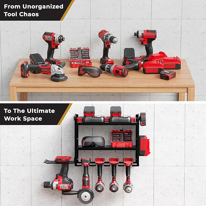 BUILTSTRONG Power Tool Organizer-6 Drill Holder Wall Mount, 3 Tier Heavy-Duty Hand Tool Storage Rack, Utility Racks, Drill Holder, 2 Pegboard Sides - Garage Storage Cordless Tool Organizer (Black)