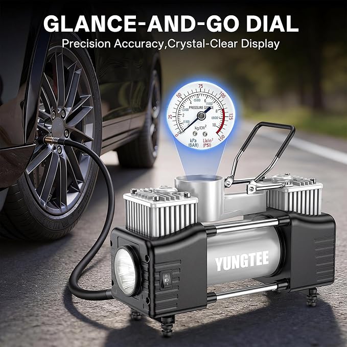YUNGTEE Sliver Tire Inflator Heavy Duty Double Cylinders Direct Drive Inflation Pump,12V Portable Air Compressor Pump with Emergency LED Light - 150PSI Tire Pump,Apply to Car,Suv,RV