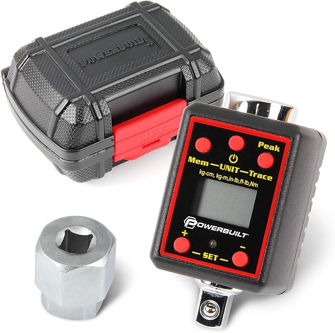 Powerbuilt Digital Torque Socket Adapter, 3/8 Inch Drive Ratchet to Torque Wrench Converter, LCD Display Screen, Five Units of Measure - Red 940963