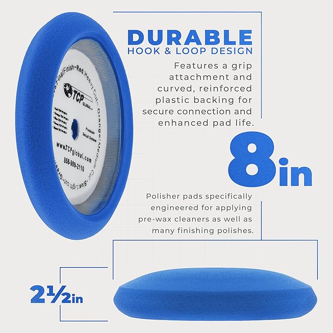 TCP Global 8" Blue Foam Buffing Pad Light Cut Polish Hook and Loop Backing - Buffing Pad for Automotive, Marine, Truck, RV & Compound Cutting