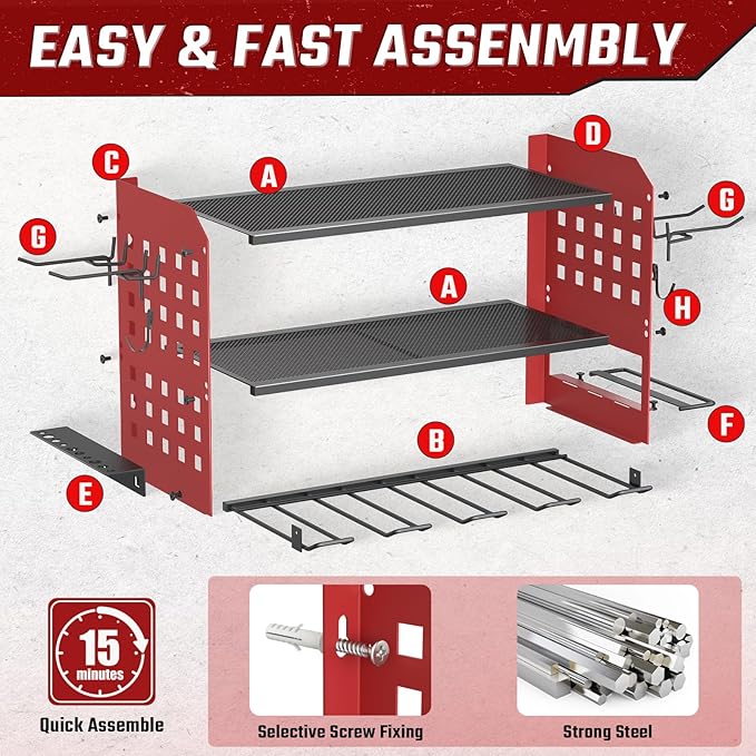 SUNALLY Power Tool Organizer, Heavy Duty Wall Mount Tool Organizer 3 Layers with 4 Drill Holders, Garage Tools Storage Rack with 2 Side Pegboards and Hooks for Workshop, Shed, Red