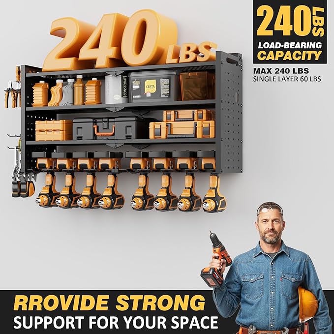 Power Tool Organizer Wall Mount with Charging Station, Heavy-Duty Metal Garage Tool Storage Rack & 8 Outlet Power Strip, 33 Inch Long 4 Tier Shelves for Workshop Organization