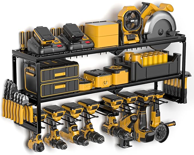 Spampur Power Tool Organizer Wall Mount, 15 Min Assembly & Maximum 100lb load by Heavy Duty Metal, 8 Drill Holder, 3 Layers Garage organization and Storage Rack, Tool Shelf With Battery Holder