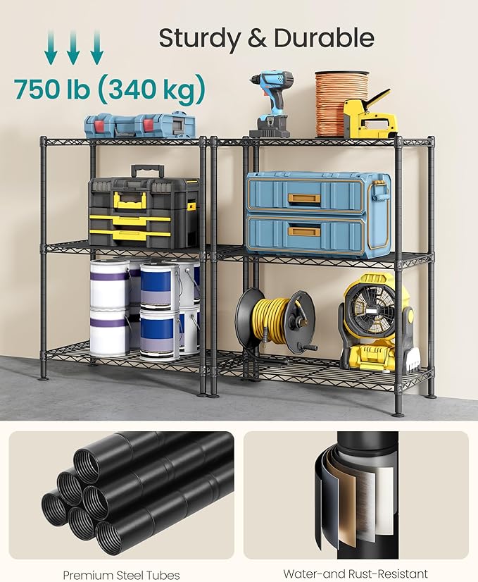 SONGMICS Storage Shelf, Metal Wire Shelving Unit, Adjustable Shelves, for Garage, Bedroom, Living Room, Kitchen, Pantry, 3 Tier, 11.8 x 23.6 x 30 Inches, Ink Black ULGR163BH01S