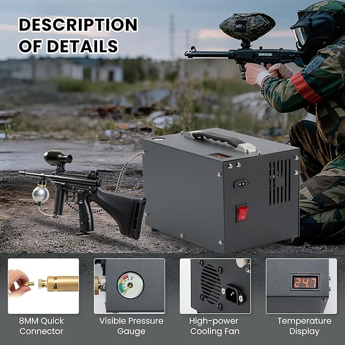 PCP Air Compressor with Manual Shut Down, 4500Psi/30Mpa, Water/Oil-Free, Powered by 12V DC/120V AC, Fan Cooling System, PCP Compressor for Air Rifle, Paintball and Scuba Tank Compressor Pump (Gray)