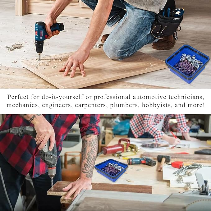 Collapsible Magnetic Parts Tray, 4.5" Square Silicone Tool Tray with Dual-Sided Magnetic Base, Foldable Small Metal Parts Organizer Storage Bowl for Screws Bolts Nuts Washers (Blue)