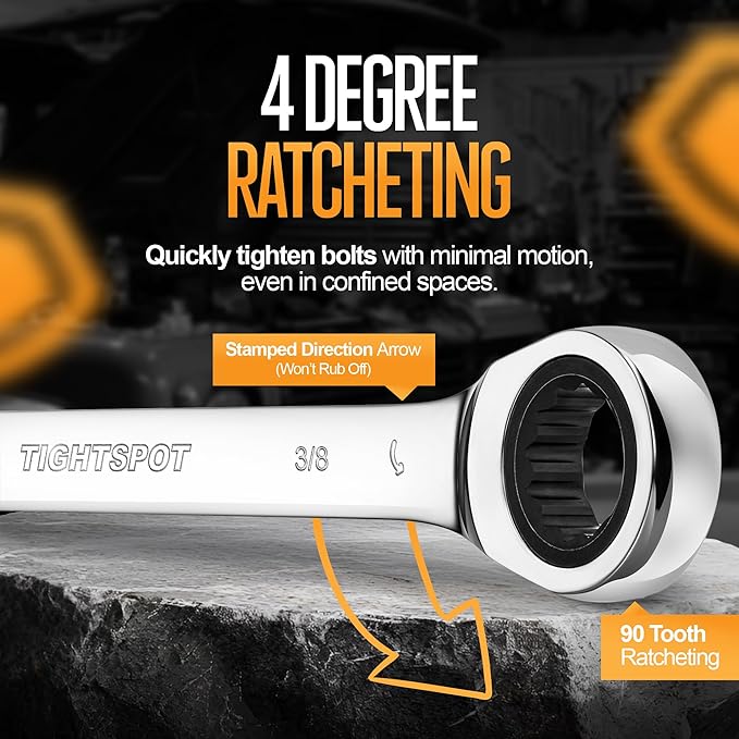 TIGHTSPOT 3/8 Inch Ratchet Combination Wrench with Precision Movement and Hardened, Polished Steel for Projects with SAE Tight Spaces