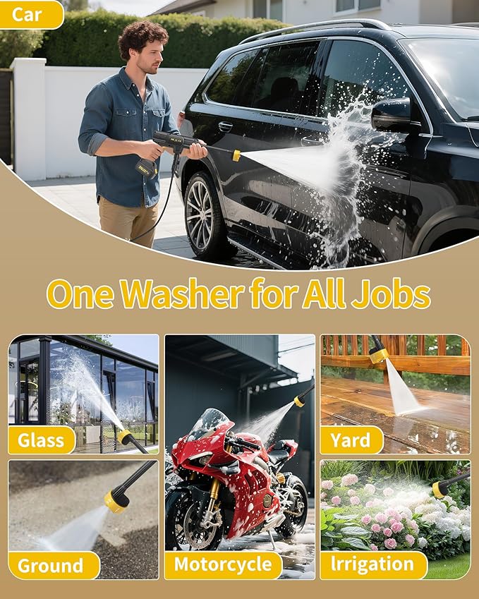 Cordless Pressure Washer Battery Powered; 1100PSI 2.4 GPM Portable Cordless Power Washer with 6-in-1 Nozzle, Foam Cannon, 21V Battery; Handheld Pressure Washer (Resilient Yellow)