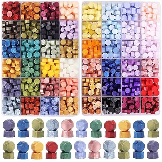 1200 Pcs Metallic Assorted Color Wax Seal Beads - 48 Colors for Making Seals, Decor for Envelope Letter Wedding Invitation (48 Lattices Kit)