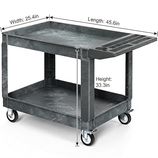 DWVO 2 Tier Utility Cart on Wheels, 550 lbs 2 Shelf Heavy Duty Plastic Rolling Carts, 45 x 25 in Plastic Tool Cart Work Cart with Locking Swivel Wheels & Handle for Warehouse Garage School & Office