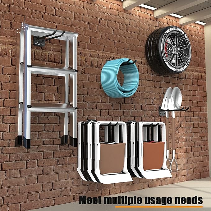 Garage Hooks, Heavy Duty Garage Hooks -12.4 Inch Wall Mount Hangers for Chairs, Power Tools, Garden Tools, Tires & More - Max 120 lbs (2-Pack)