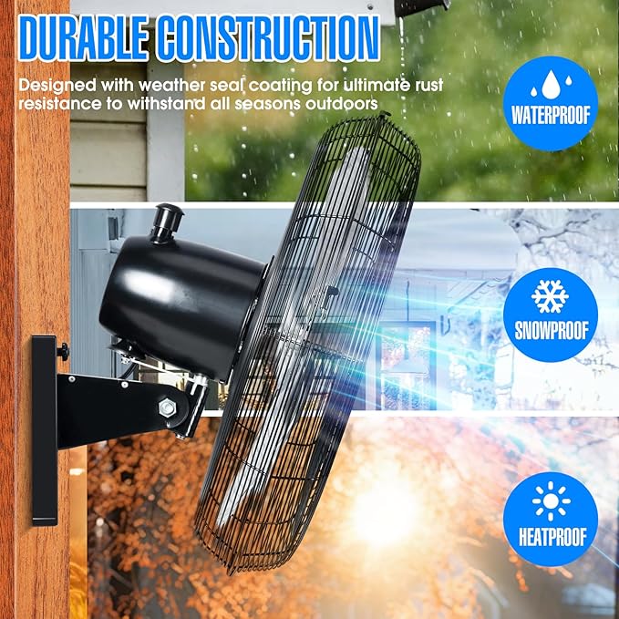 iLiving 20" Outdoor Oscillating High Velocity Wall Fan with 4750 CFM Heavy Duty Weatherproof Motor, Variable Speed Adjustment for Workshop, Garage, Patios, Commercial and industrial, 20 inch,Black