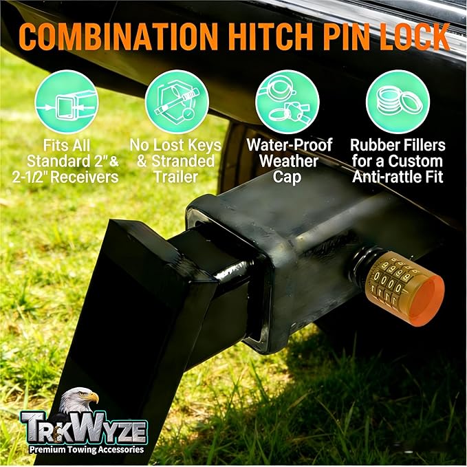 Keyless Combination Trailer Hitch Pin Lock for 2” & 2-1/2” Receivers, 5/8" Dia. 3-1/2" Span Locking Hitch Pin, Rust-Resistant Hitch Reciver Lock (Keyless1Pack)
