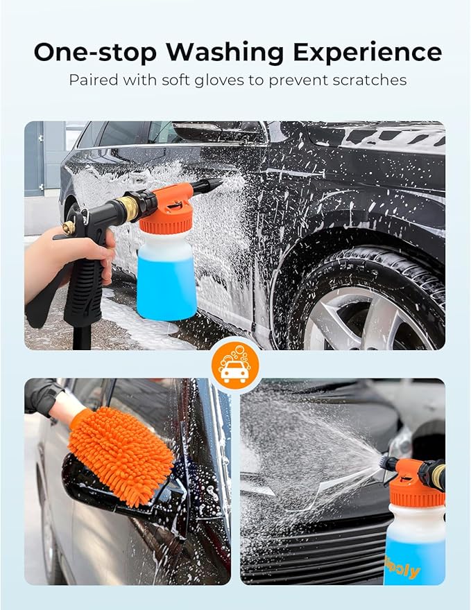 Car Wash Foam Gun + Microfiber Wash Mitt - Car Foam Sprayer - Foam Cannon for Hose - Spray Gun Cleaner - Snow Blaster for Cars, Boats, RVs, Foam Cannon Connects to Any Garden Hose