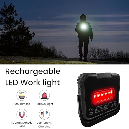 Power By GoGreen Magnalight 1000 Lumen LED Work Light – Dual-Sided, Rechargeable, with Magnetic Stand & USB Charging