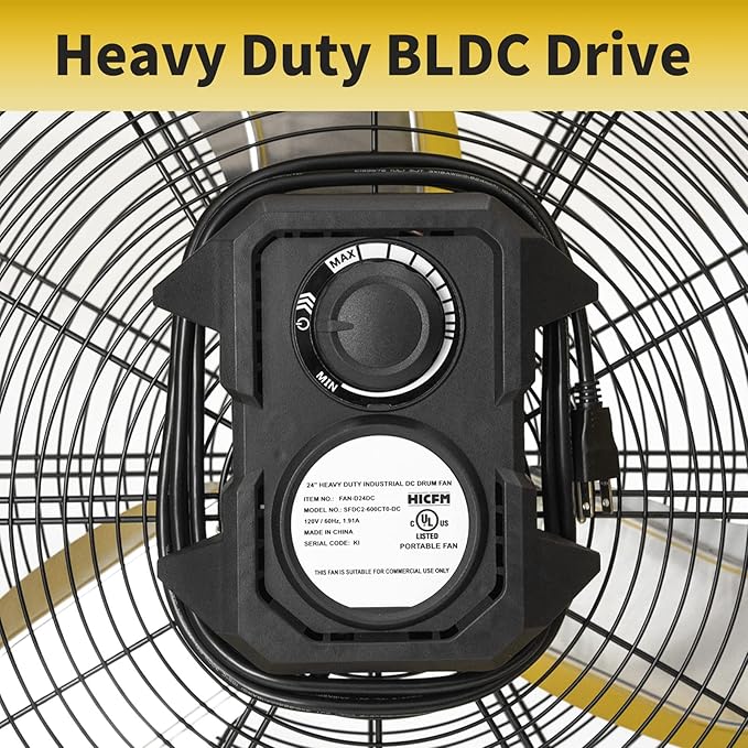 HiCFM 8800 CFM 24 inch BLDC Drive Drum Fan with High Efficiency EC Motor, Variable Speed Control, Friendly Noise Operation for Air Circulation, UL Listed