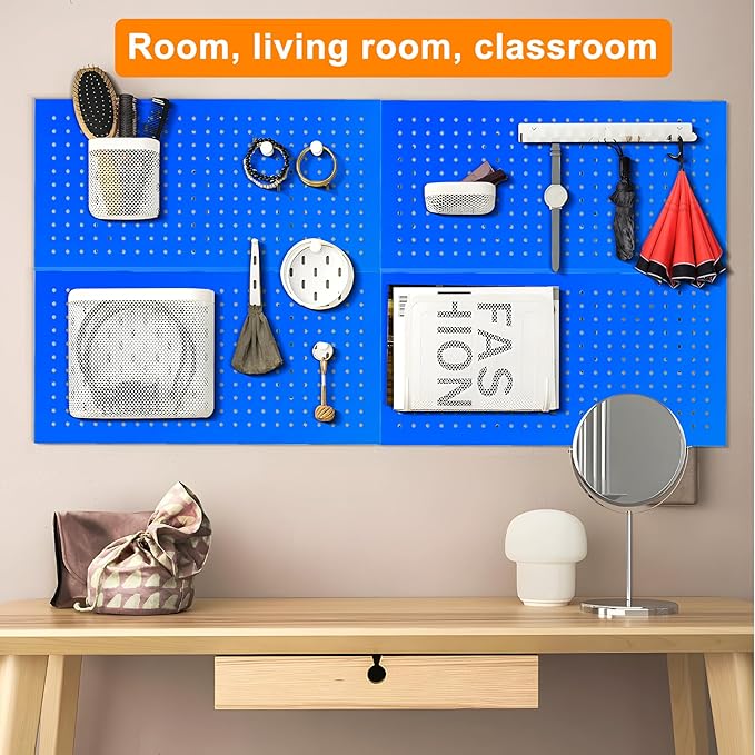 Metal Pegboard Panels 24" x 12" 4 Pack Heavy Duty Steel Pegboard Wall Organizer, Garage Utility Tools Pegboard Storage System for Workbench, Shop, Shed Modular Peg Board Organizer Board Kit (Blue)