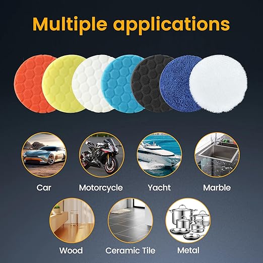 Bufing Polishing Pads - 7Pcs Face for Backing Plate, Car Compound Buffing Sponge Pads and Woolen Cutting Polishing Pad Kit (6 inch)