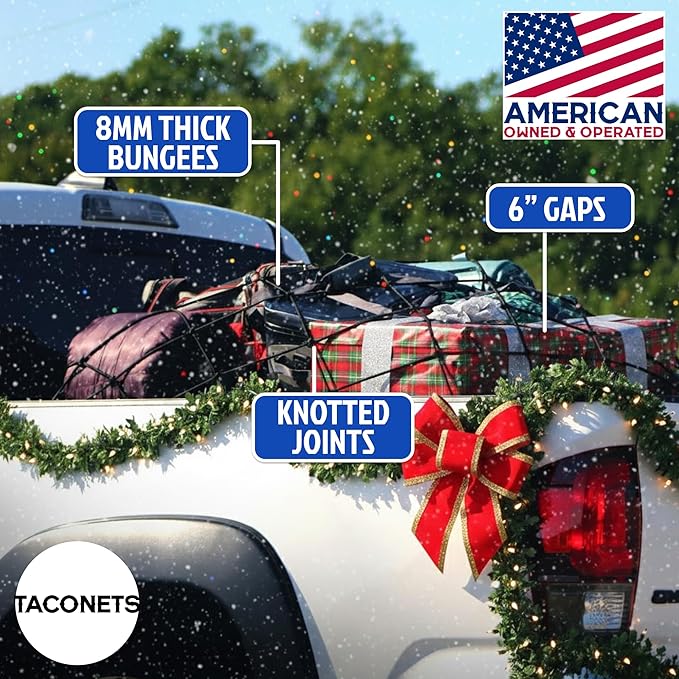 TacoNets Cargo Net for Toyota Tacoma Short Bed - Fits 2005-2025 - Patented Bed Rail Integration - Heavy Duty 8mm Premium Bungee 3'x4' Cargo Netting - Designed in USA