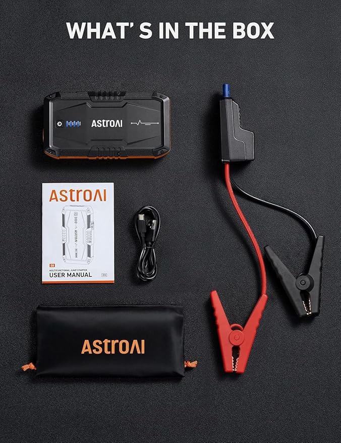AstroAI S8 Car Battery Jump Starter, Car Jumper Starter Battery Pack for Up to 6.0L Gas & 3.0L Diesel Engines, 12V Portable Jump Box with 3 Modes Flashlight and Jumper Cable (Orange)