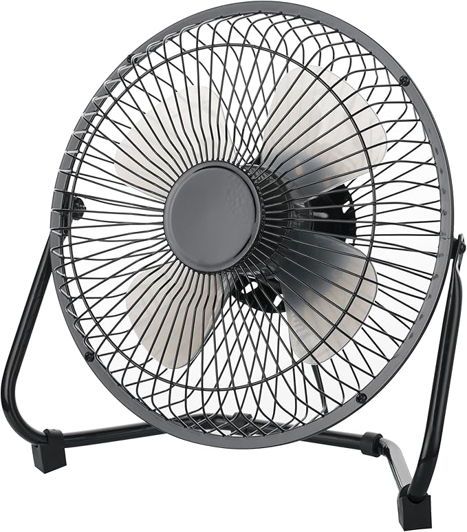 8” High Velocity Portable Fan, 2-Speed USB-Powered Floor or Table Fan with Adjustable Tilt and Steel Frame, Compact Cooling for Home, Office, or Workshop