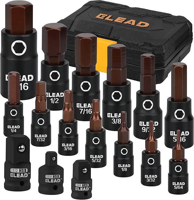16-Piece SAE Hex Bit Impact Socket Set - Premium S2 Steel 5/64"-9/16" Allen Socket Set with Socket Adapters, 1/4”, 3/8” and 1/2” Drive | Professional Mechanic Garage Tools