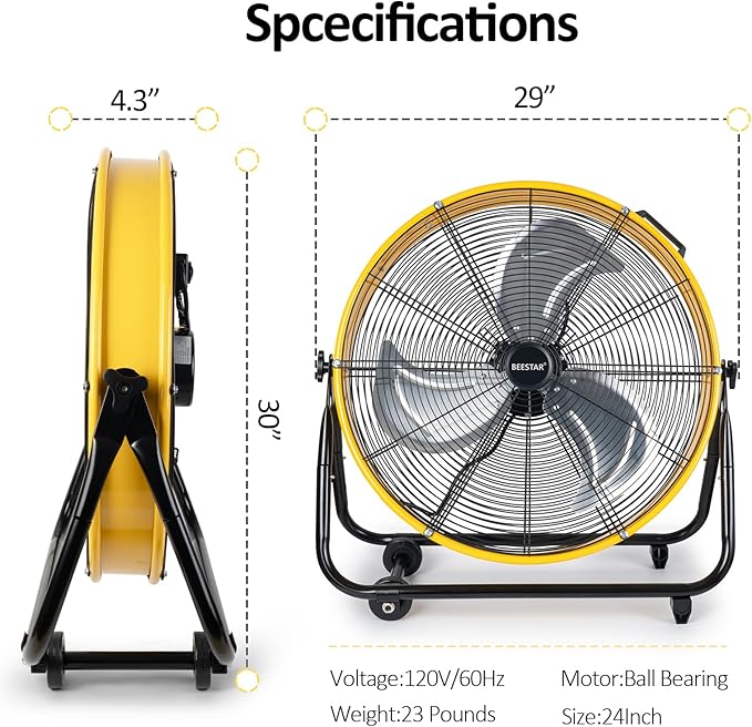 BEESTAR 24 Inch Industrial Drum Fan, High Velocity Heavy Duty Metal Floor Fan 8800CFM 3 Speed 360° Tilt 1/3HP Motor Floor Fan for Garage,Warehouse,Greenhouse,Shop,Workship,Basement (24 INCH)