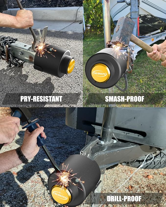 Trailer Lock Fits 2 Inch Couplers, Secures Safety Chains Anti-Theft Ball Hitch Lock, Pry-Resistant & Heavy-Duty Trailer Hitch Locks for RV | Boat | ATV | Utility Trailer (Yellow)
