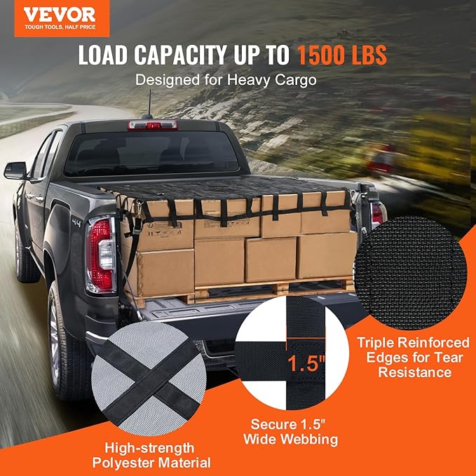VEVOR Cargo Net for Pickup Truck Bed, 6' x 4.75' Heavy Duty Truck Cargo Net Safety Mesh Net with 4 S-Hook Straps with Carabiners & S-Hooks for Trailer, Pickup, Boat, Jeep, SUV