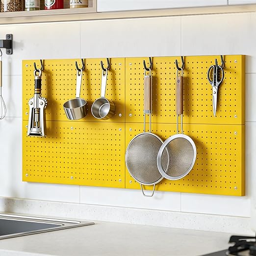 Heavy-Duty Metal Pegboard Panels 4 Pack - 24x12 Inch Reinforced Steel Wall Storage, Scratch & Rust Resistant Tool Organizer for Garage, Shed & Utility Room, Yellow