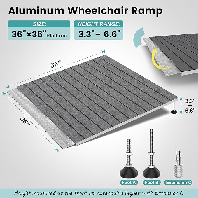 Threshold Ramps for Wheelchairs, Adjustable Height 3.3"-6.6" and 36"×36" Platform Aluminum Wheelchair Ramp, Door Threshold Ramps with a Non-Slip Thick Door Mat for Scooters, Power Chairs, Cart